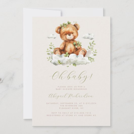 Groene Waterverf Eucalyptus teddybeer Baby shower Kaart (Voorkant)