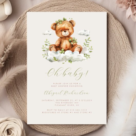 Groene Waterverf Eucalyptus teddybeer Baby shower Kaart