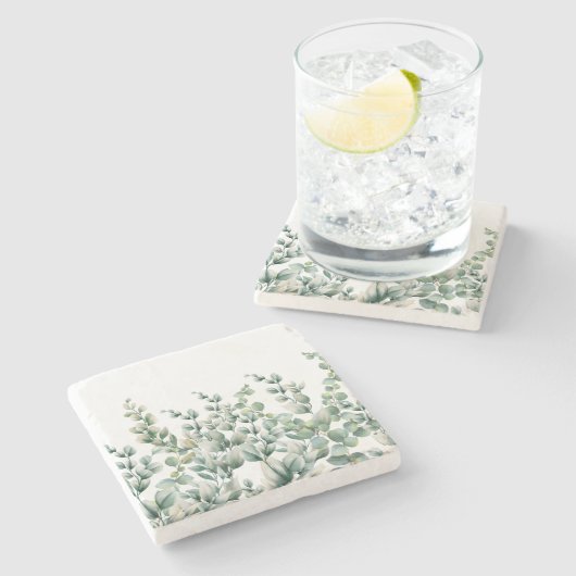 Groene Waterverf Eucalyptusblad Stenen Onderzetter (Zijkant)
