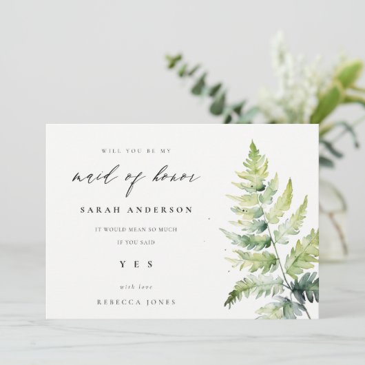 Groene Waterverf Fern Foliage Maid of Honor Kaart (Staand voorkant)