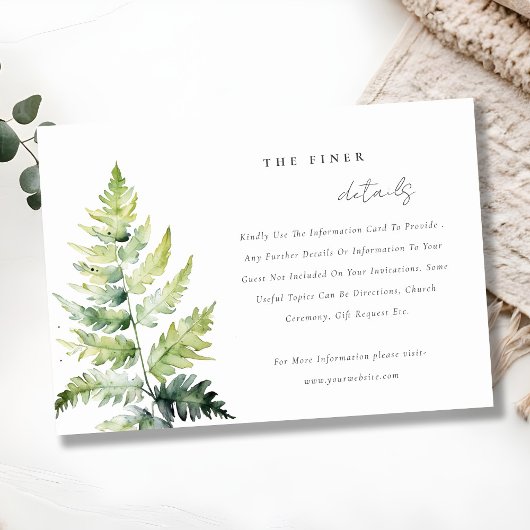Groene Waterverf Fern Foliage Wedding Details Informatiekaartje