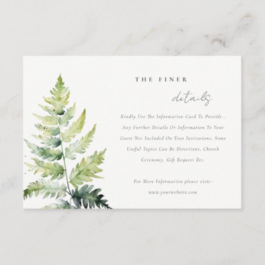 Groene Waterverf Fern Foliage Wedding Details Informatiekaartje (Voorkant)