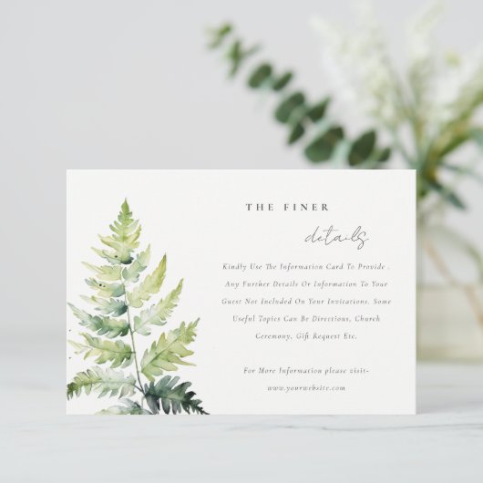 Groene Waterverf Fern Foliage Wedding Details Informatiekaartje (Staand voorkant)