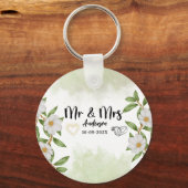 Groene waterverf Floral Mr en Mrs Wedding Sleutelhanger (Voorkant)