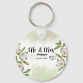 Groene waterverf Floral Mr en Mrs Wedding Sleutelhanger (Achterkant)