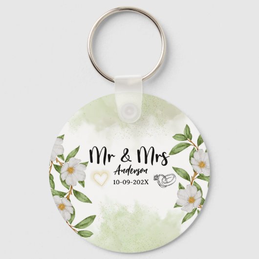 Groene waterverf Floral Mr en Mrs Wedding Sleutelhanger (Achterkant)