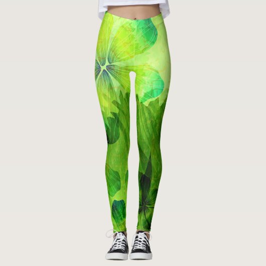 Groene Waterverf Floral Pattern Leggings (Voorkant)