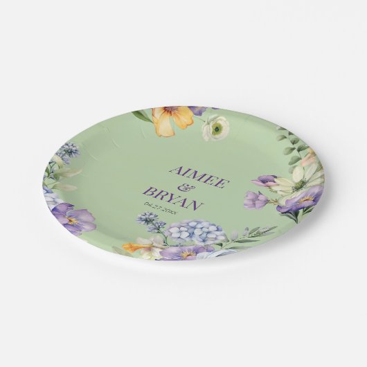 Groene Waterverf Flower Wedding Papieren Bordje (Gekanteld)