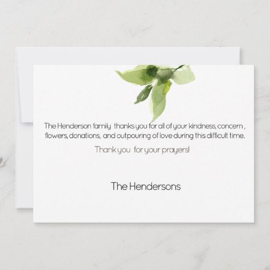 Groene Waterverf Foliage begrafenis Dank u Bedankkaart (Achterkant)