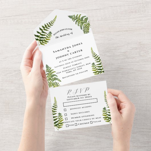 Groene Waterverf Foliage Botanical Wedding All In One Uitnodiging (Afscheurbaar)