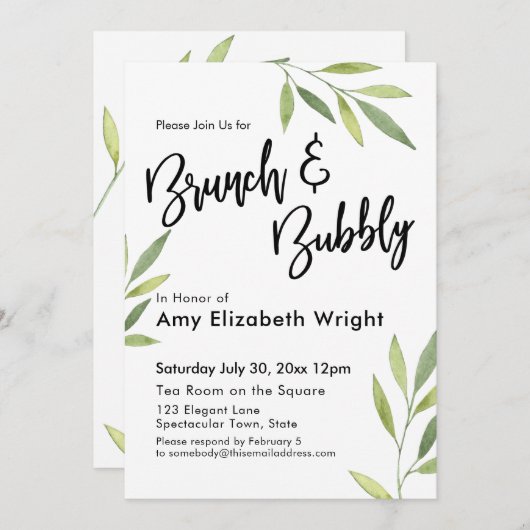 Groene Waterverf Foliage Brunch & Bubbly Kaart (Voorkant / Achterkant)
