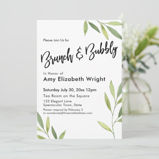 Groene Waterverf Foliage Brunch & Bubbly Kaart (Staand voorkant)