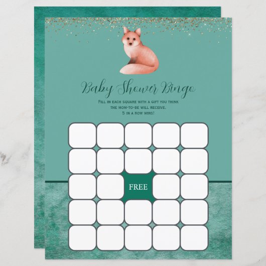 Groene Waterverf Fox Baby shower Bingo Game (Voorkant / Achterkant)