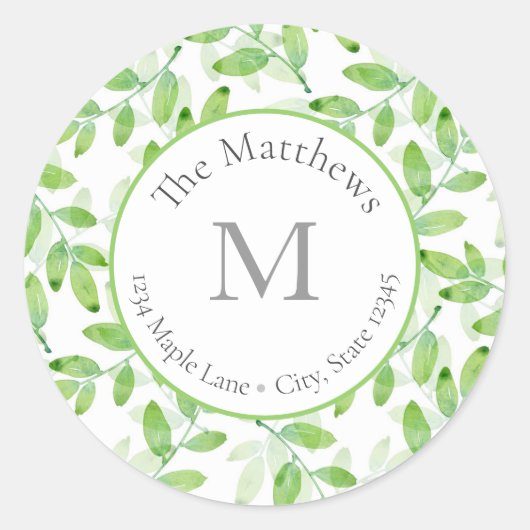 Groene Waterverf gelaagde bladeren patroonlabels Ronde Sticker (Voorkant)