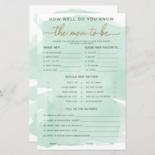 Groene Waterverf Gold kent het mama-to-be-spel (Voorkant / Achterkant)