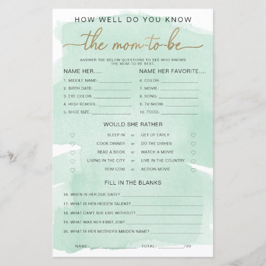 Groene Waterverf Gold kent het mama-to-be-spel (Voorkant)