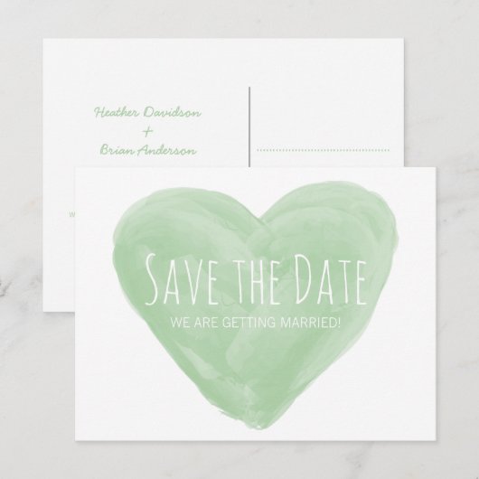 Groene Waterverf Hart Save the Date Briefkaart (Voorkant / Achterkant)