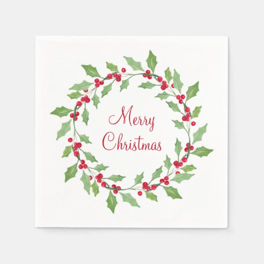 Groene Waterverf Holly Wreath Servet (Voorkant)