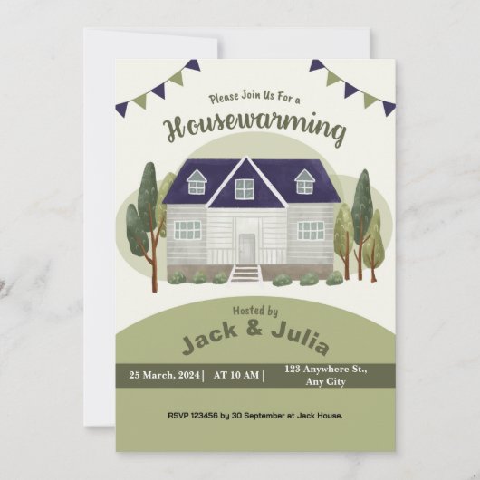 Groene Waterverf Housewarming Party Uitnodiging (Voorkant)