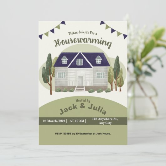 Groene Waterverf Housewarming Party Uitnodiging (Staand voorkant)