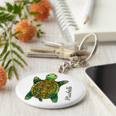 Groene Waterverf Ink Drawn Turtle Sleutelhanger (Zijkant)