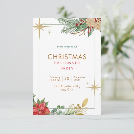 Groene Waterverf Kerstavond Diner Party Kaart (Staand voorkant)