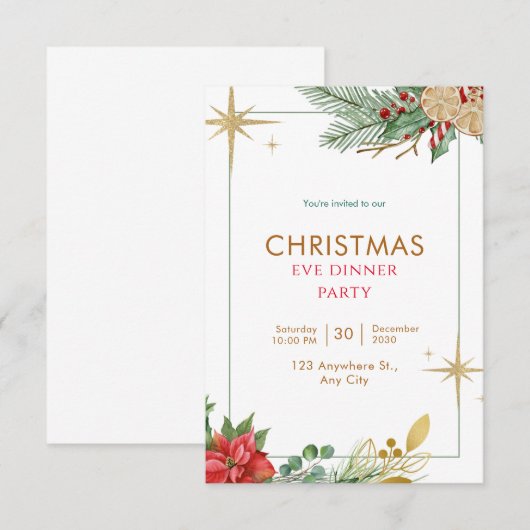 Groene Waterverf Kerstavond Diner Party Kaart (Voorkant / Achterkant)