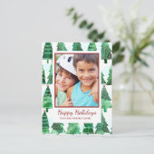 Groene Waterverf Kerstboom Foto Groet Feestdagenkaart (Staand voorkant)