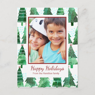 Groene Waterverf Kerstboom Foto Groet Feestdagenkaart
