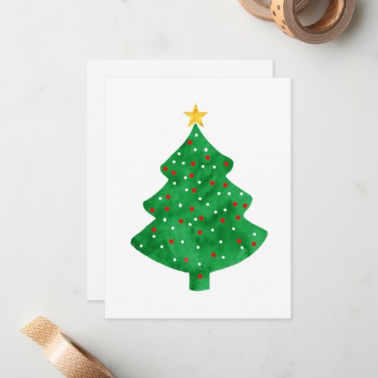 Groene waterverf kerstboom notitiekaartje (Voorkant / Achterkant in situ)