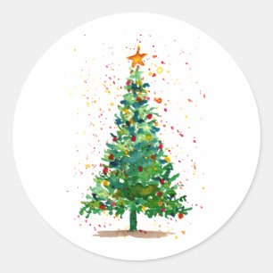 Groene Waterverf kerstboom Ronde Sticker