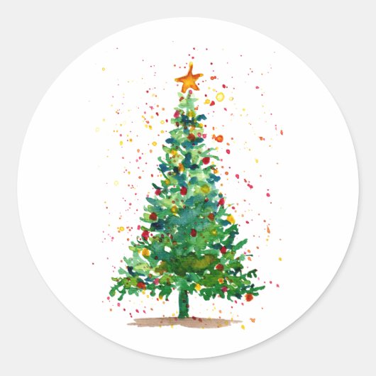 Groene Waterverf kerstboom Ronde Sticker (Voorkant)
