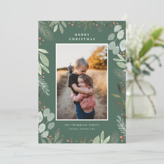 Groene Waterverf Kerstkaart met Foto Kaart (Staand voorkant)