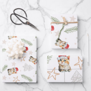 Groene waterverf kitten cat Santa Vrolijk Kerstfee Inpakpapier Vel