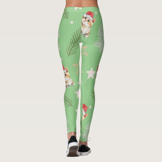Groene waterverf kitten cat Santa Vrolijk Kerstfee Leggings (Achterkant)