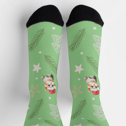 Groene waterverf kitten cat Santa Vrolijk Kerstfee Sokken (Top)