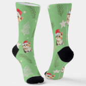 Groene waterverf kitten cat Santa Vrolijk Kerstfee Sokken (Gebogen)