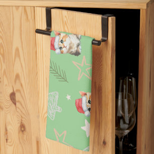 Groene waterverf kitten cat Santa Vrolijk Kerstfee Theedoek
