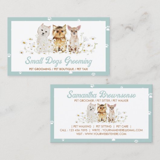 Groene Waterverf Kleine honden Paw Daisy Pet Sitte Visitekaartje (Voorkant / Achterkant)