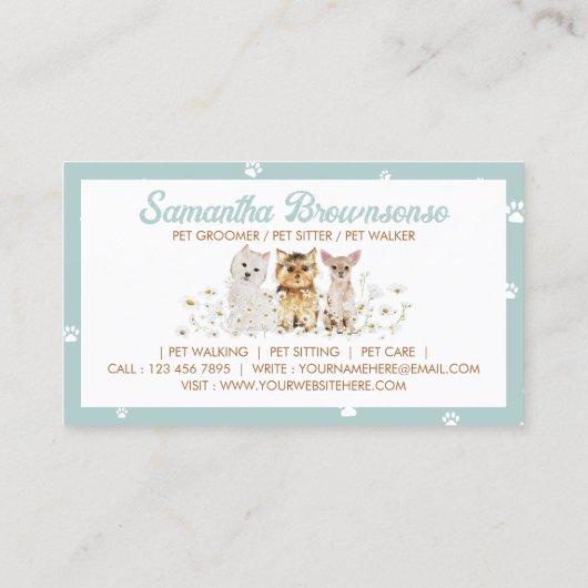Groene Waterverf Kleine honden Paw Daisy Pet Sitte Visitekaartje (Achterkant)