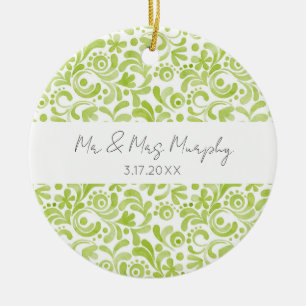 Groene Waterverf Kunst Trouwnaam Datum Keepsake Keramisch Ornament