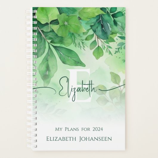 Groene Waterverf laat elegant script monogram acht Planner (Voorkant)