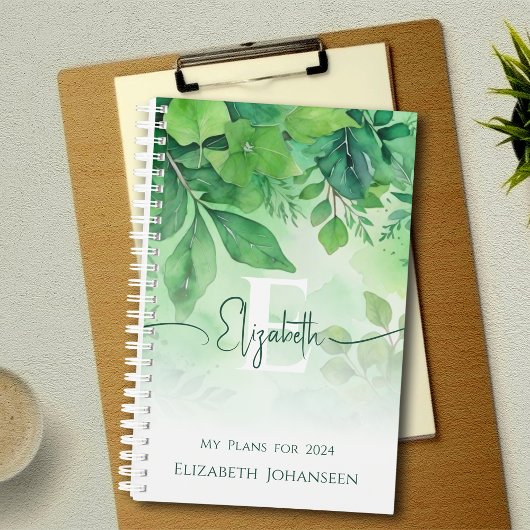 Groene Waterverf laat elegant script monogram acht Planner
