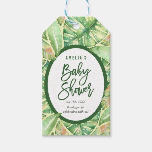 Groene Waterverf laat tropisch Baby shower achter Cadeaulabel (Voorkant)