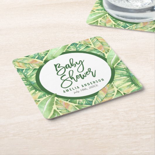Groene Waterverf laat tropisch Baby shower achter Kartonnen Onderzetters (Schuin)