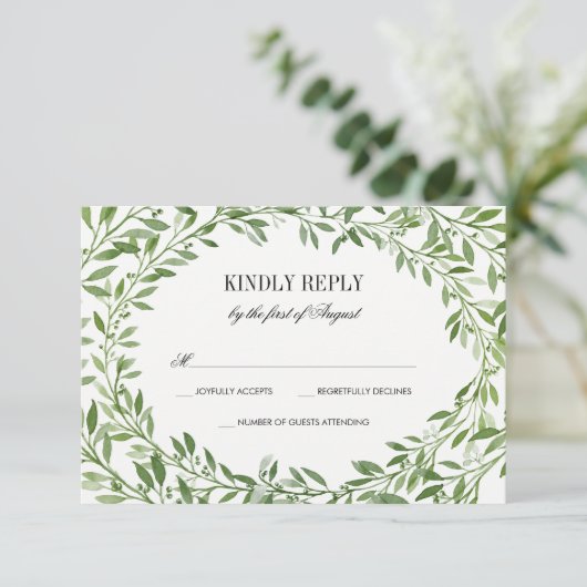 Groene Waterverf Laurel Leaf Krans Bruiloft RSVP (Staand voorkant)