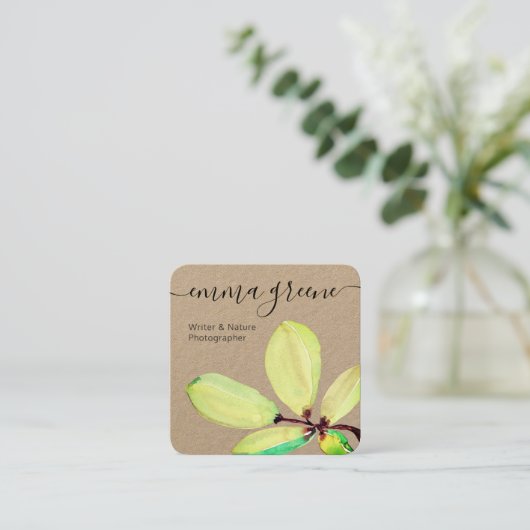 Groene Waterverf Leaf Branch Square Kraft Square B Vierkante Visitekaartje (Staand voorkant)