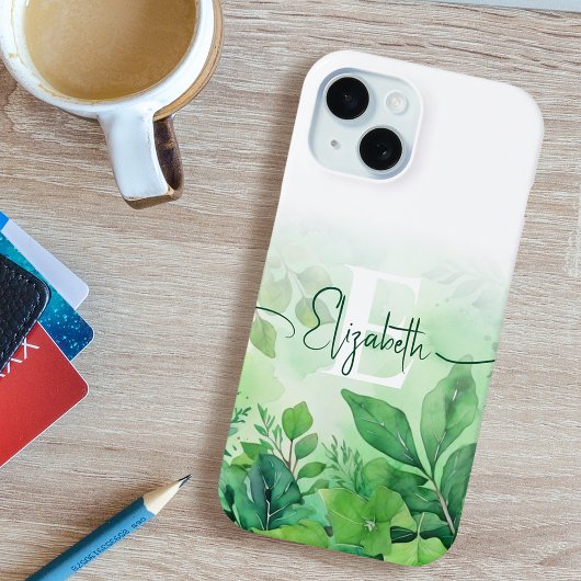 Groene Waterverf Leaf Elegant Script Monogrammed Case-Mate iPhone Case