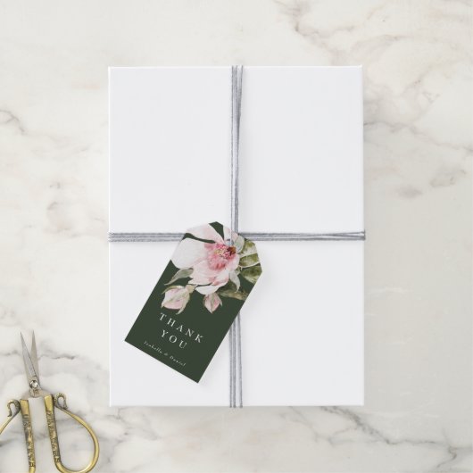 Groene Waterverf Magnolia Floral Weddenschap Harte Cadeaulabel (Met Touw)