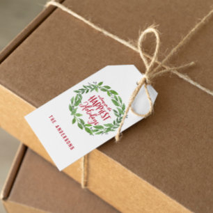 Groene waterverf met gelukkigste feestdagen cadeaulabel